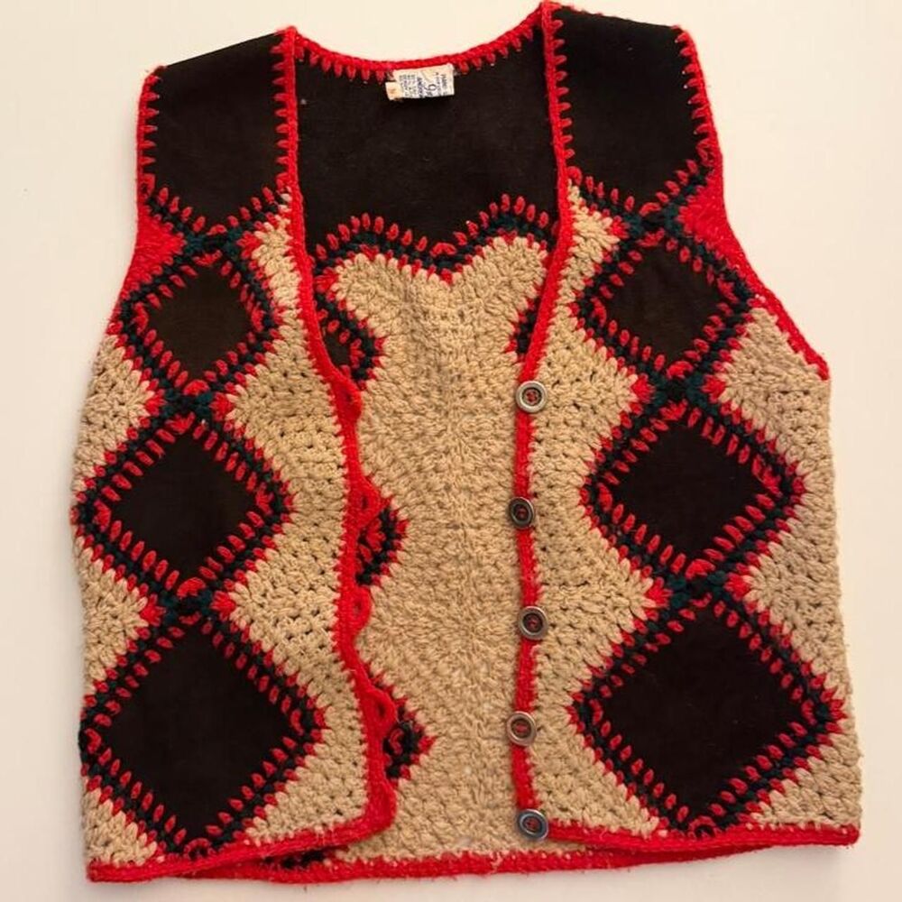 Vintage 1970s leather crochet folk vest - Picture 7 of 8